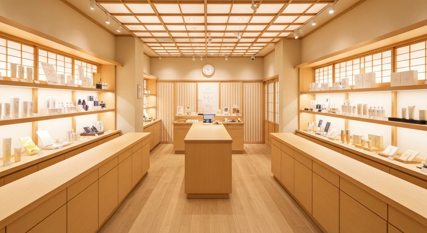 木製の棚に美容と健康の商品が整然と並ぶ店内全景