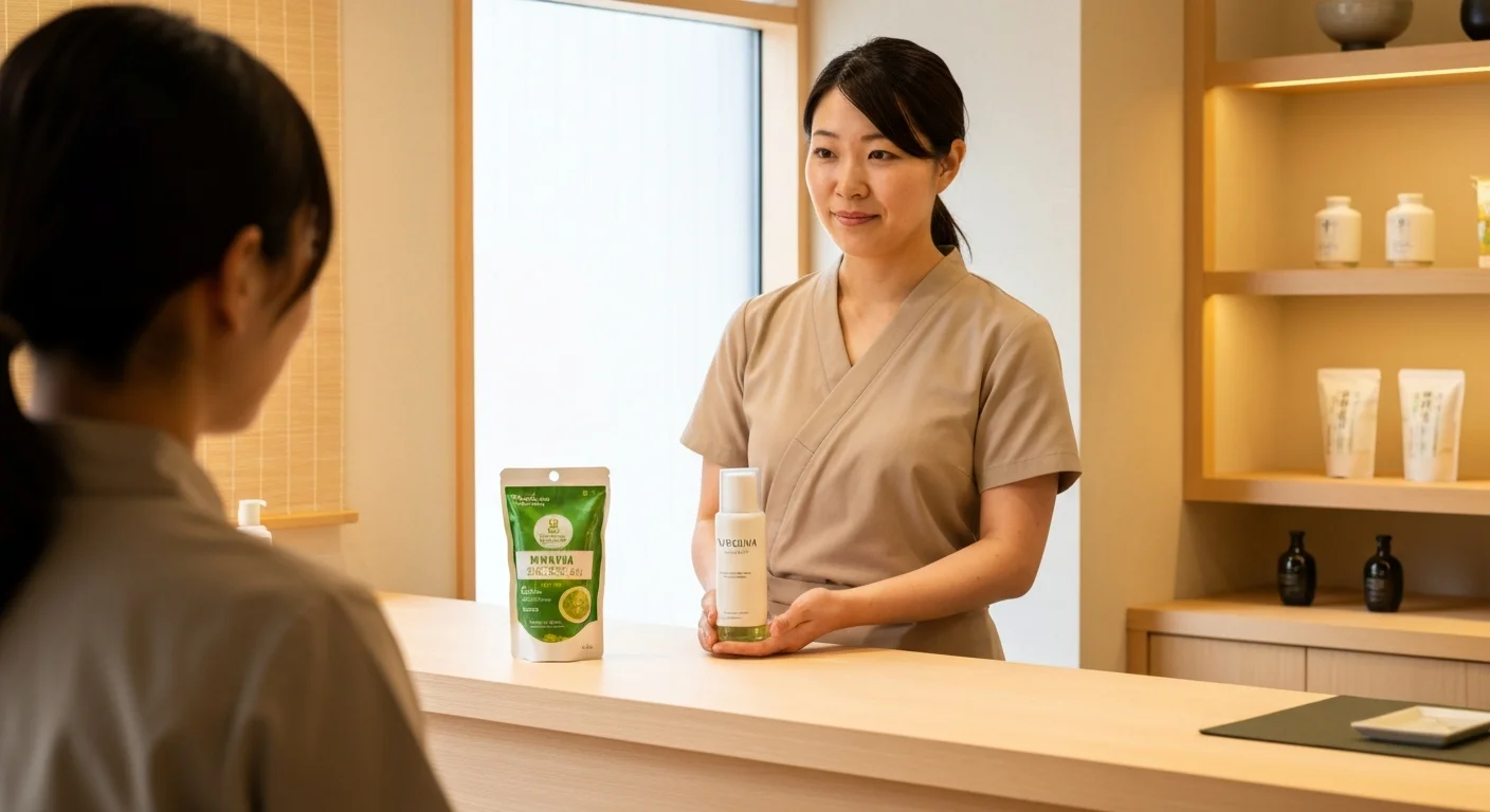 商品棚の前で美容商品を手に取り説明するスタッフと旅行者の手元