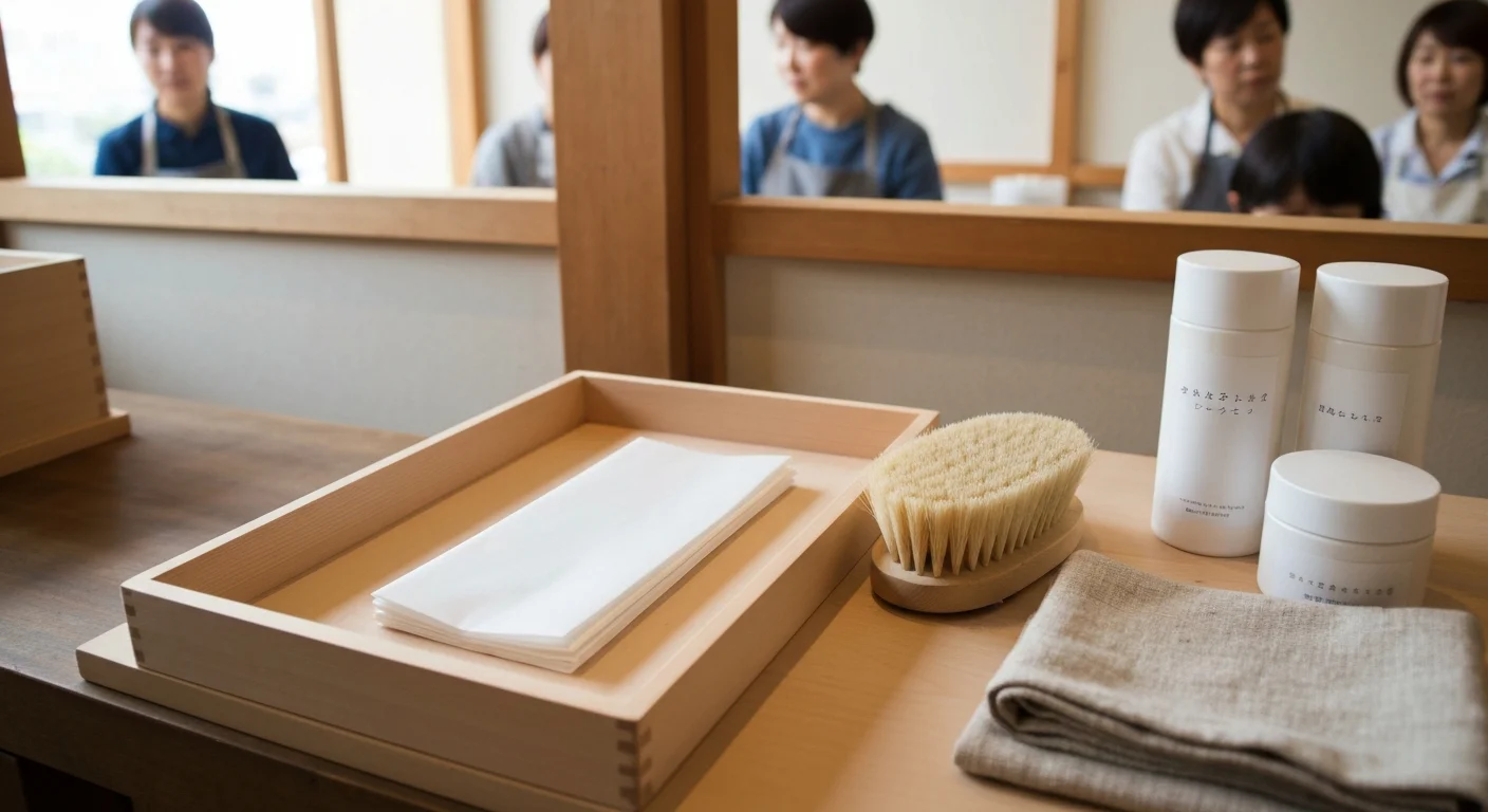 和紙と木の道具のそばに美容用の瓶と植物素材を置いた静物写真