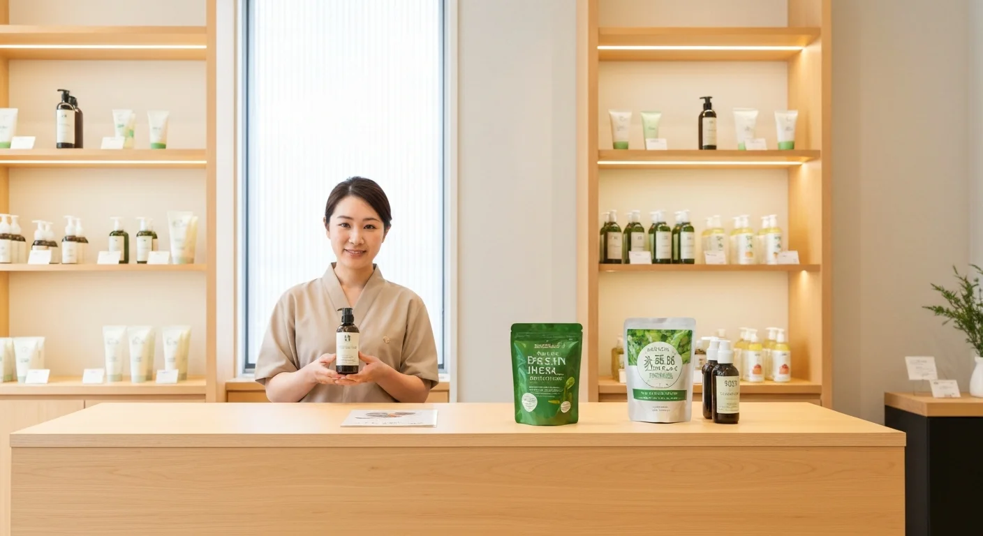 木のテーブルに置かれた美容商品と旅の小物