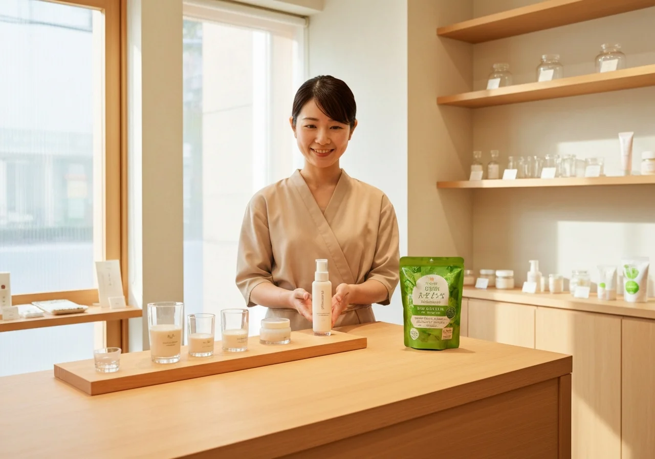 棚に並ぶ日本の美容クリームとガラス容器を斜めから撮った商品写真