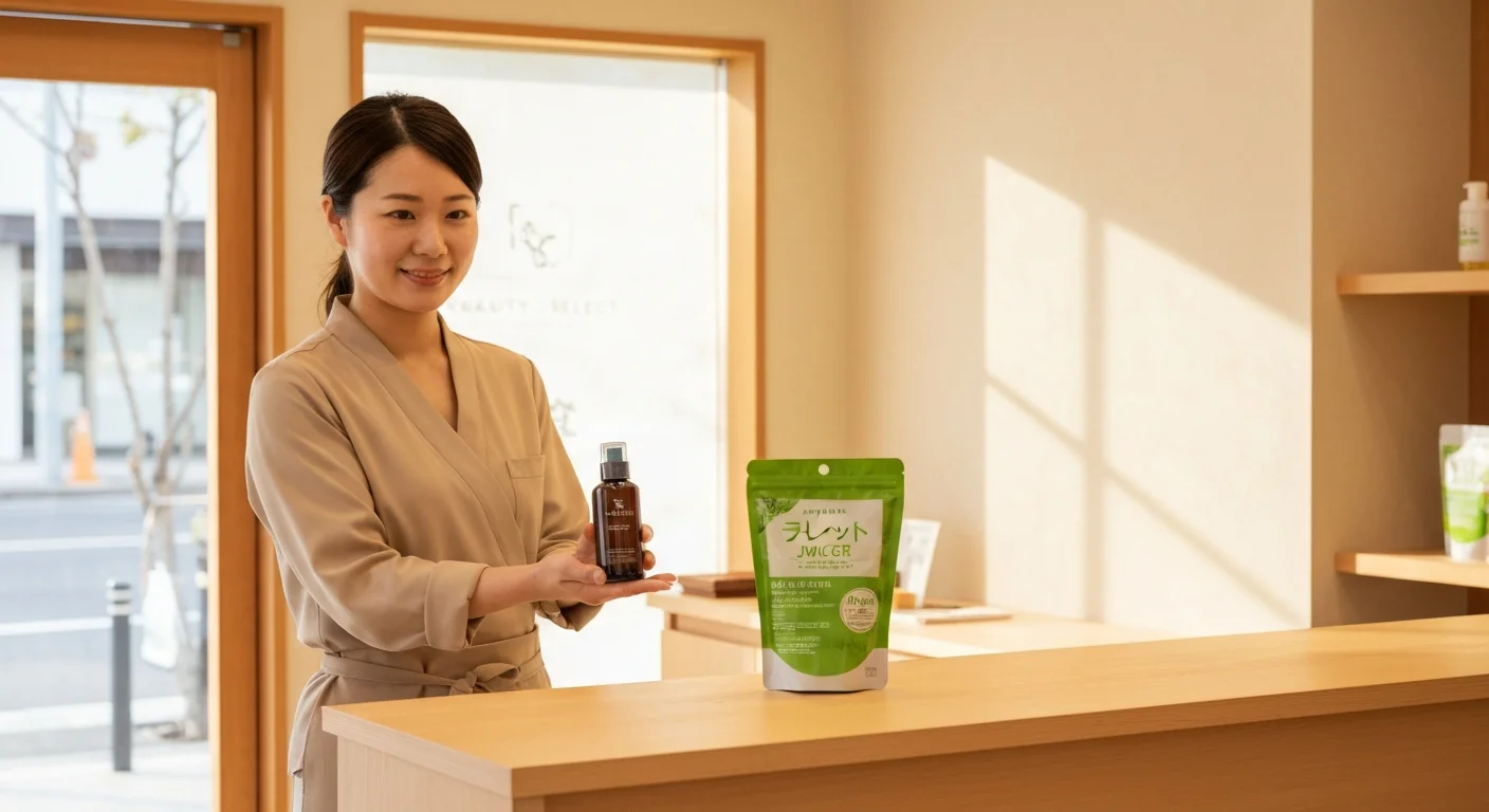 木の棚に日本の化粧品と健康食品が整然と並ぶ店内の様子