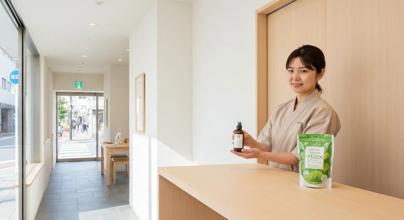 商品棚と木のカウンターが見える日本の販売店の広角写真