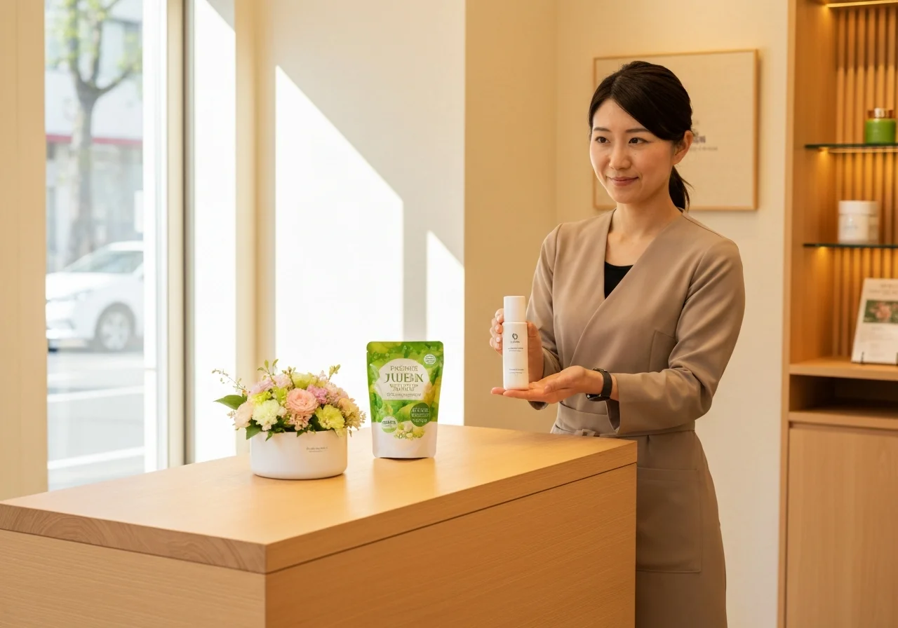 白い容器に入った日本のスキンケア化粧品と花を並べた商品写真