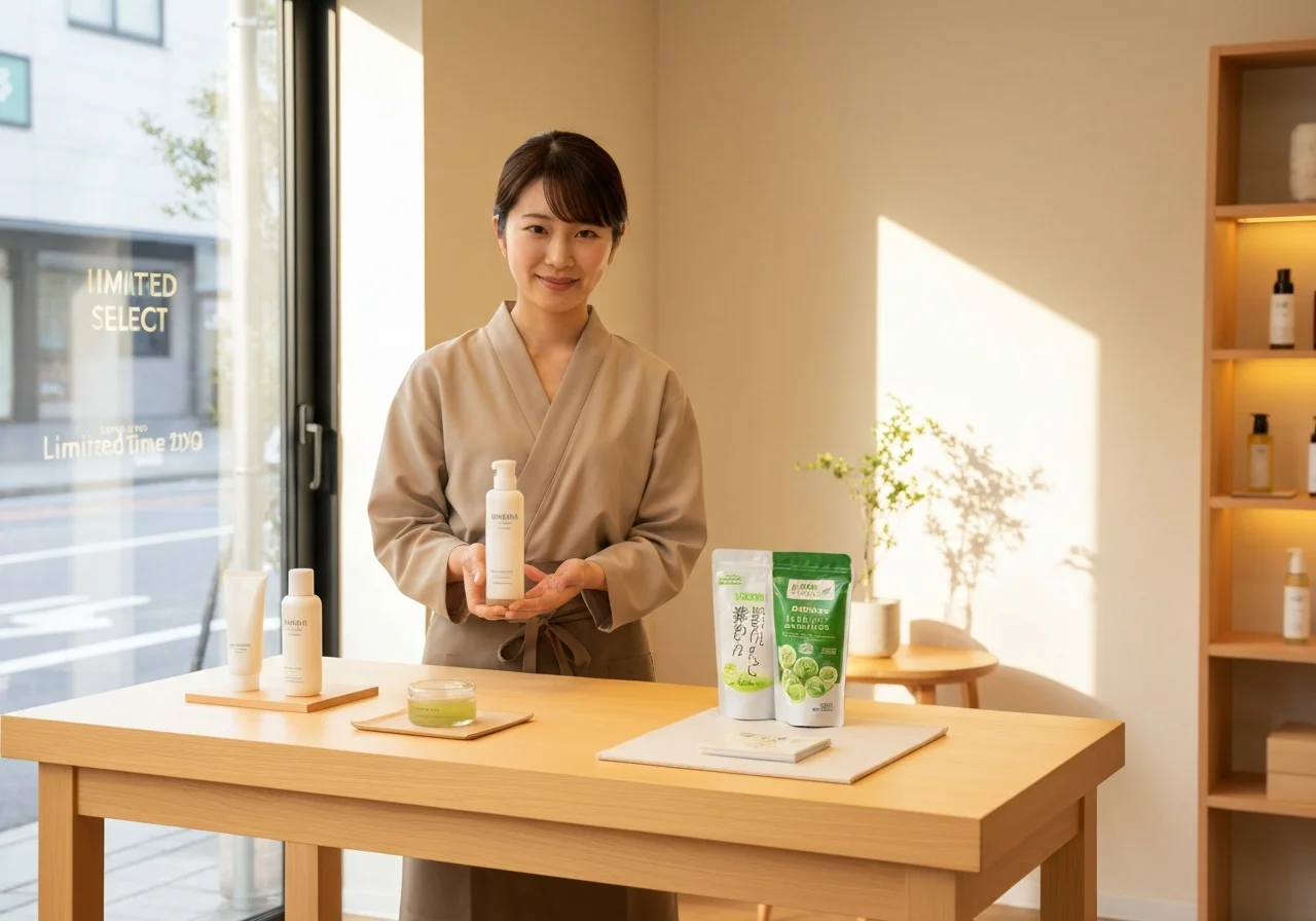 木製のテーブルに美容商品が並ぶ期間限定販売会の展示風景