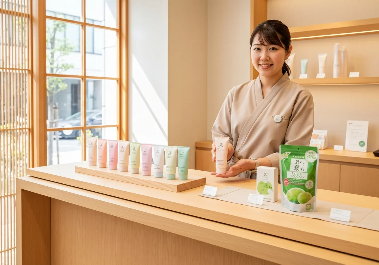 化粧品の容器と美容用の小物を木のトレーに置いた商品写真