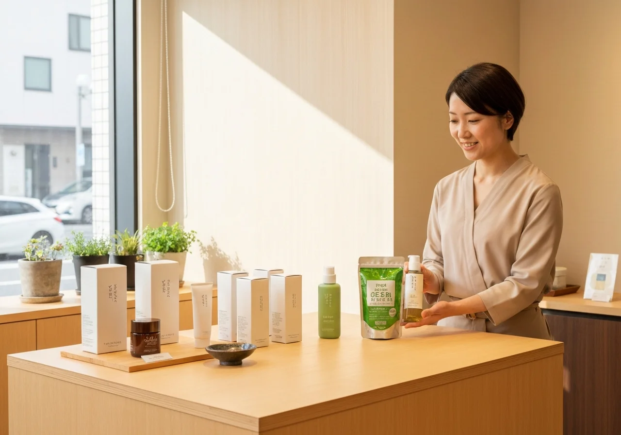 小さなテーブルに整えられた美容商品の試用セット