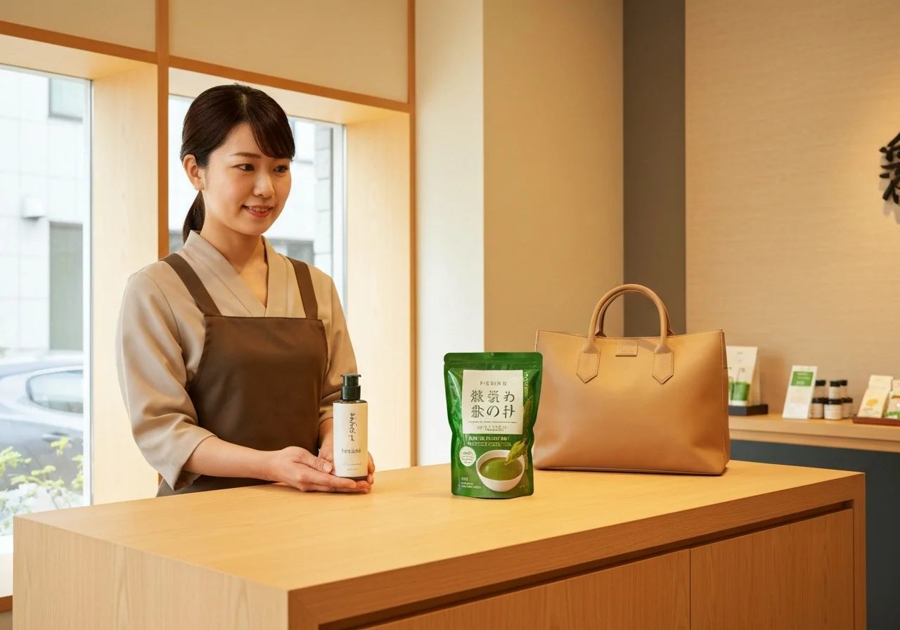 旅行用バッグのそばに置かれた日本の健康食品と化粧品